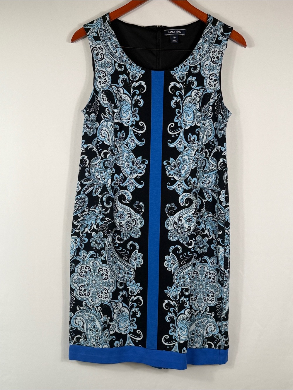 Lands' End Black & Blue Paisley Sleeveless Sheath Dress. Womens Size 10. Stretch